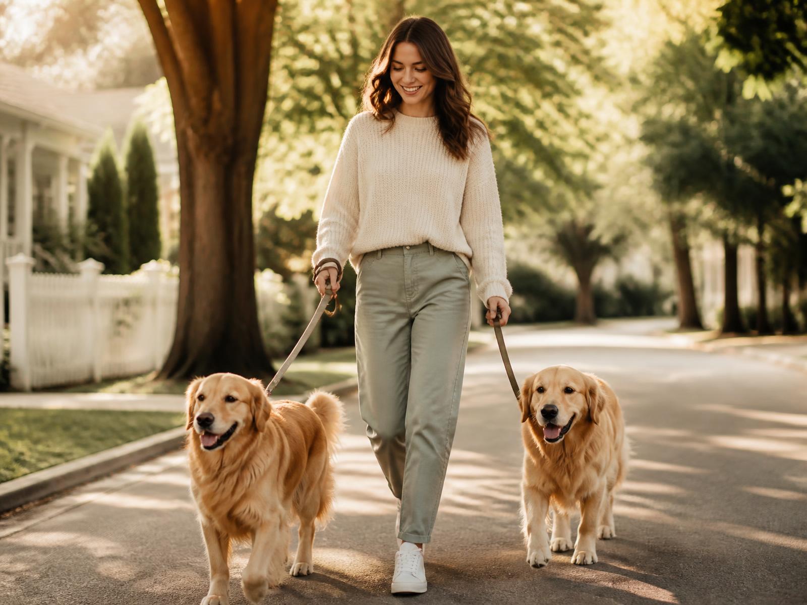 A dog walker with two golden retrievers on a sunlit street